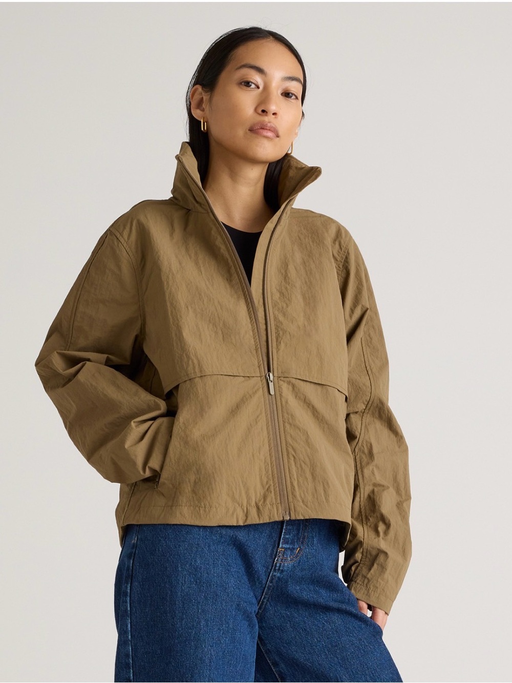 Quince Water Repellent Windbreaker Jacket in Praline funnel neck stowable hood
